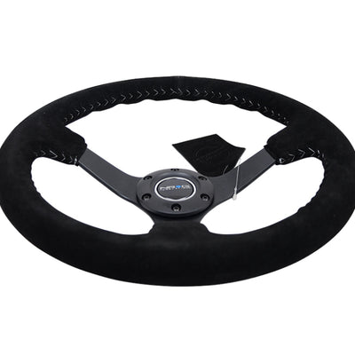 NRG Reinforced Steering Wheel (350mm / 3in. Deep) Blk Suede/Silver BBall Stitch w/5mm Mt. Blk Spokes