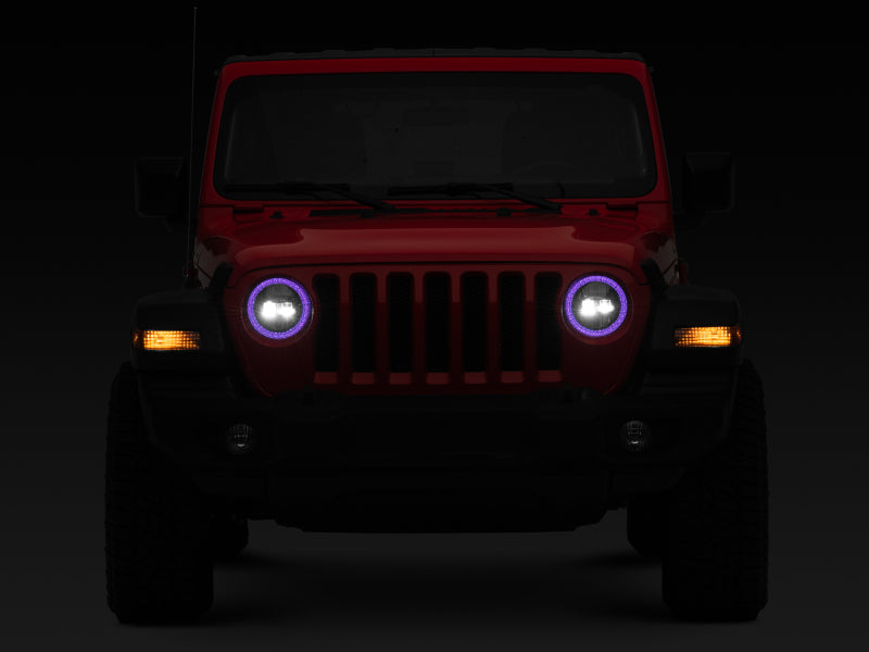 Raxiom 18-22 Jeep Wrangler JL/JT Axial 9-Inch LED Headlights w/RGB Halo- Blk Housing (Clear Lens)