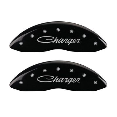 MGP 4 Caliper Covers Engraved Front & Rear Cursive/Charger Black finish silver ch