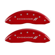 MGP 4 Caliper Covers Engraved Front & Rear With stripes/Dodge Red finish silver ch