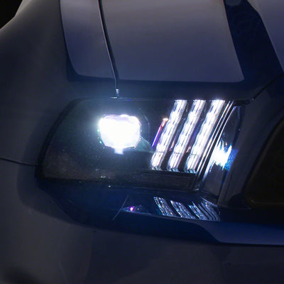 Raxiom 13-14 Ford Mustang LED Projector Headlights SEQL Turn Signals- Blk Housing (Clear Lens)