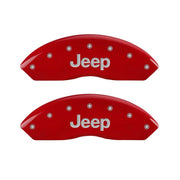 MGP 4 Caliper Covers Engraved Front JEEP Engraved Rear JEEP Grill logo Red finish silver ch