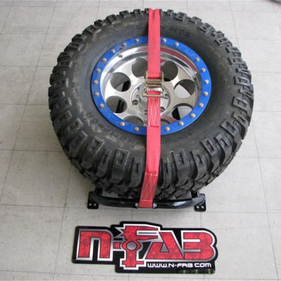 N-Fab Bed Mounted Tire Carrier Universal - Gloss Black - Red Strap