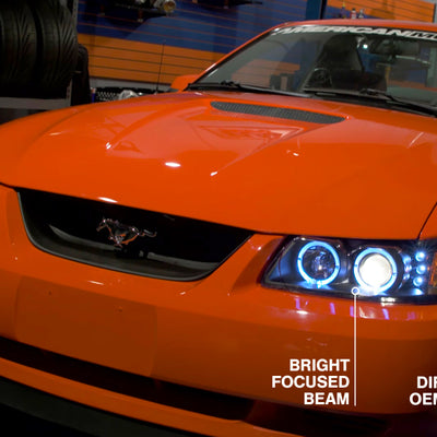 Raxiom 99-04 Ford Mustang Dual LED Halo Projector Headlights- Black Housing (Clear Lens)