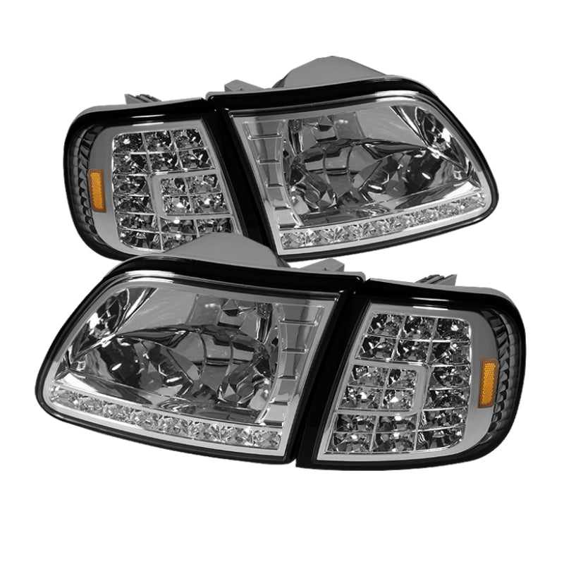 xTune Ford F150 97-03 Crystal Headlights w/ Clear LED Corners Chrome HD-ON-FF15097-LED-SET-C