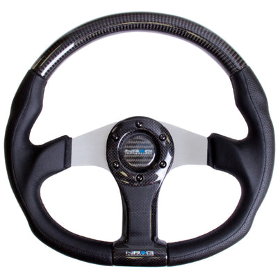 NRG Carbon Fiber Steering Wheel (350mm) Silver Oval Shape w/Leather Trim