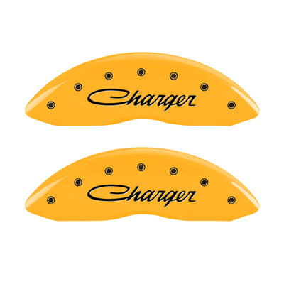 MGP 4 Caliper Covers Engraved Front & Rear Cursive/Charger Yellow finish black ch
