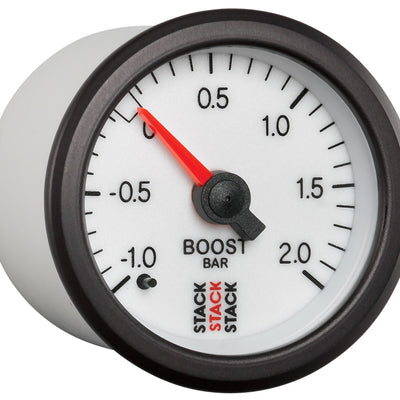Autometer Stack 52mm -1 to +2 Bar T-Fitting 0.187in Barb (M) Mechanical Boost Pressure Gauge - White