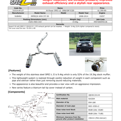 HKS Hi-Power SPEC-L2 GRB/GRF EJ20