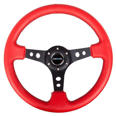 NRG Reinforced Steering Wheel (350mm / 3in. Deep) Red Leather/Blk Stitch w/Blk Circle Cutout Spokes