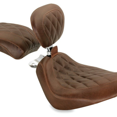 Mustang 00-15 Harley Softail Rear Tire Wide Tripper Solo Seat w/Driver Backrest - Distressed Brown