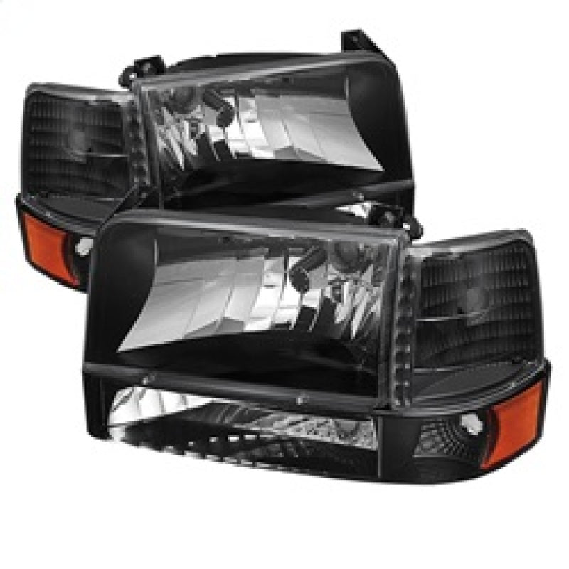 xTune Ford F150/Bronco 92-96 Headlights w/Corner Bumper 6pcs Amber- Black HD-JH-FB92-SET-AM-BK