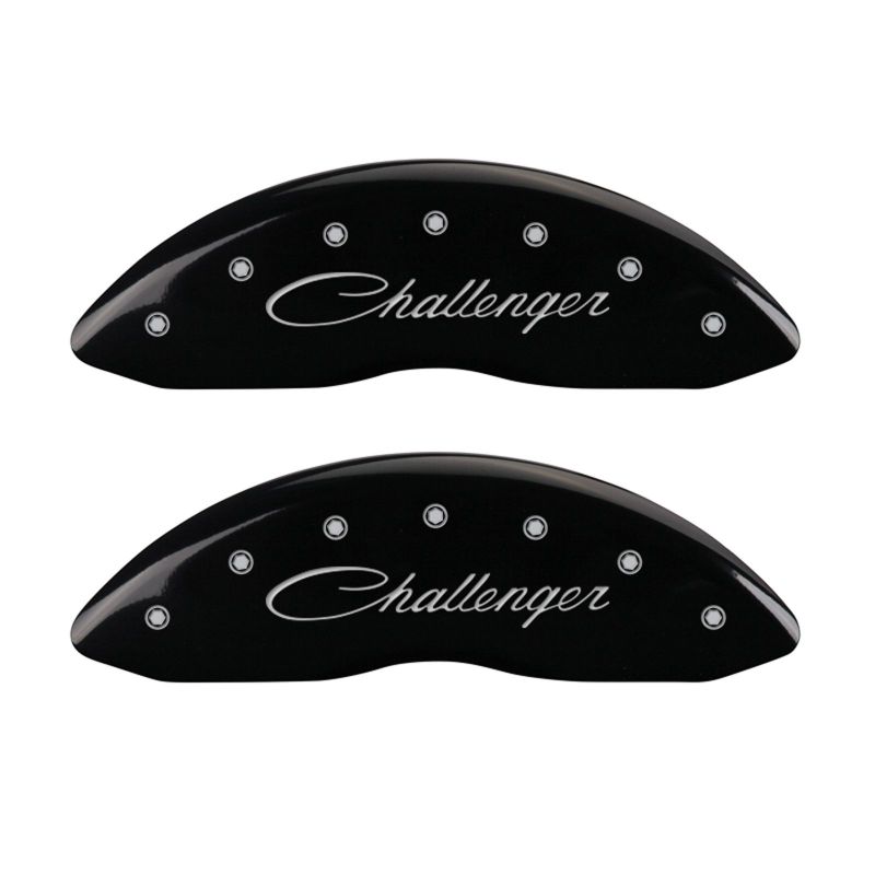 MGP 4 Caliper Covers Engraved Front & Rear Cursive/Challenger Black finish silver ch