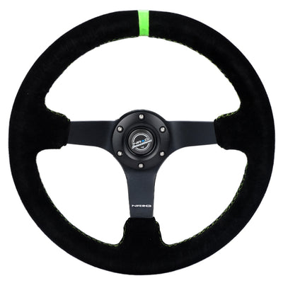 NRG Reinforced Steering Wheel 350mm/3in. Deep Blk Suede/ Neon Green Stitch w/5mm Matte Black Spoke