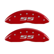 MGP Front set 2 Caliper Covers Engraved Front Silverado style/SS Red finish silver ch