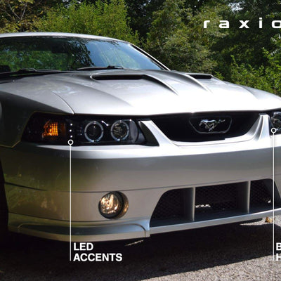 Raxiom 99-04 Ford Mustang Dual LED Halo Projector Headlights- Black Housing (Clear Lens)