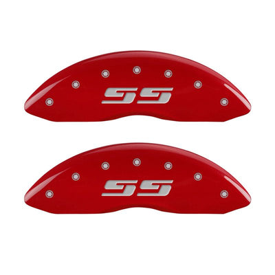 MGP 4 Caliper Covers Engraved Front & Rear Silverado style/SS Red finish silver ch