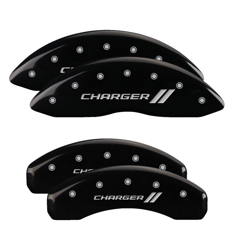 MGP 4 Caliper Covers Engraved Front & Rear Cursive/Charger Black finish silver ch
