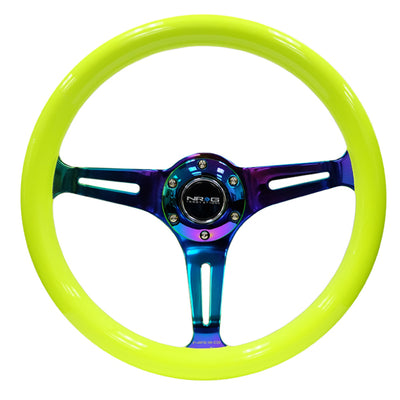 NRG Classic Wood Grain Steering Wheel (350mm) Neon Yellow Color w/Neochrome Spokes