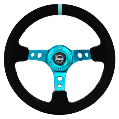 NRG Reinforced Steering Wheel (350mm/ 3in. Deep) Black Suede/ Teal Center Mark/ Teal Stitching