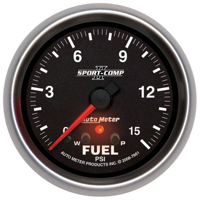 Autometer Sport-Comp II Fuel Pressure Gauge 2 5/8in 15PSI Stepper Motor w/ Peak & Warn