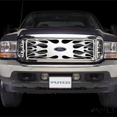 Putco 99-04 Ford SuperDuty w/ Logo CutOut (incl Side Vents) Flaming Inferno Stainless Steel Grille