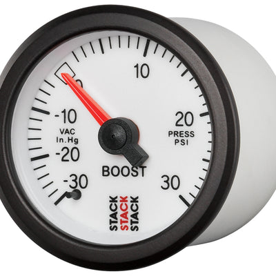 Autometer Stack 52mm -30INHG to +30 PSI (Incl T-Fitting) Mechanical Boost Pressure Gauge - White
