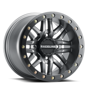 Raceline A91G Ryno 14x7in/4x137 BP/10mm Offset/110.18mm Bore - Gunmetal & Black Ring Beadlock Wheel