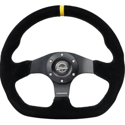 NRG Reinforced Steering Wheel (320mm) Sport Suede Dual Push Buttons Flat Bottom w/ Yellow Center