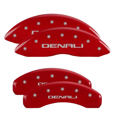 MGP 4 Caliper Covers Engraved Front &amp; Rear Denali Red finish Silver Engraved
